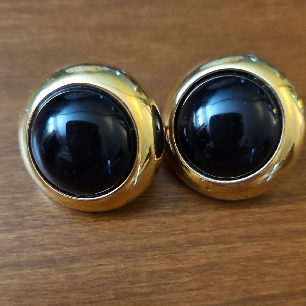 Gold and Black Button Clip Earrings